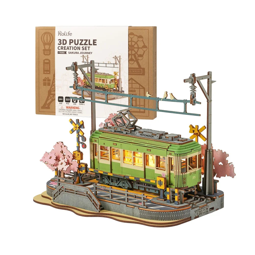 Rolife Wooden 3D Puzzle Sakura Journey Tram DIY Model Building Toy with LED for Bookshelf Home Decor Gifts for Adults Family