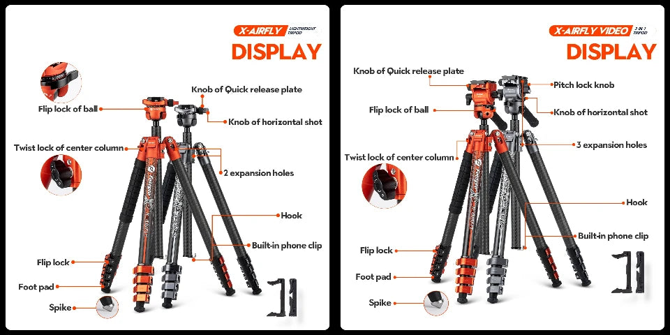 Fotopro X-Airfly Video Carbon Fiber Tripod 164CM Portable Travel Tripod for Camera with  Ball Head Fluid Head  Flip Lock