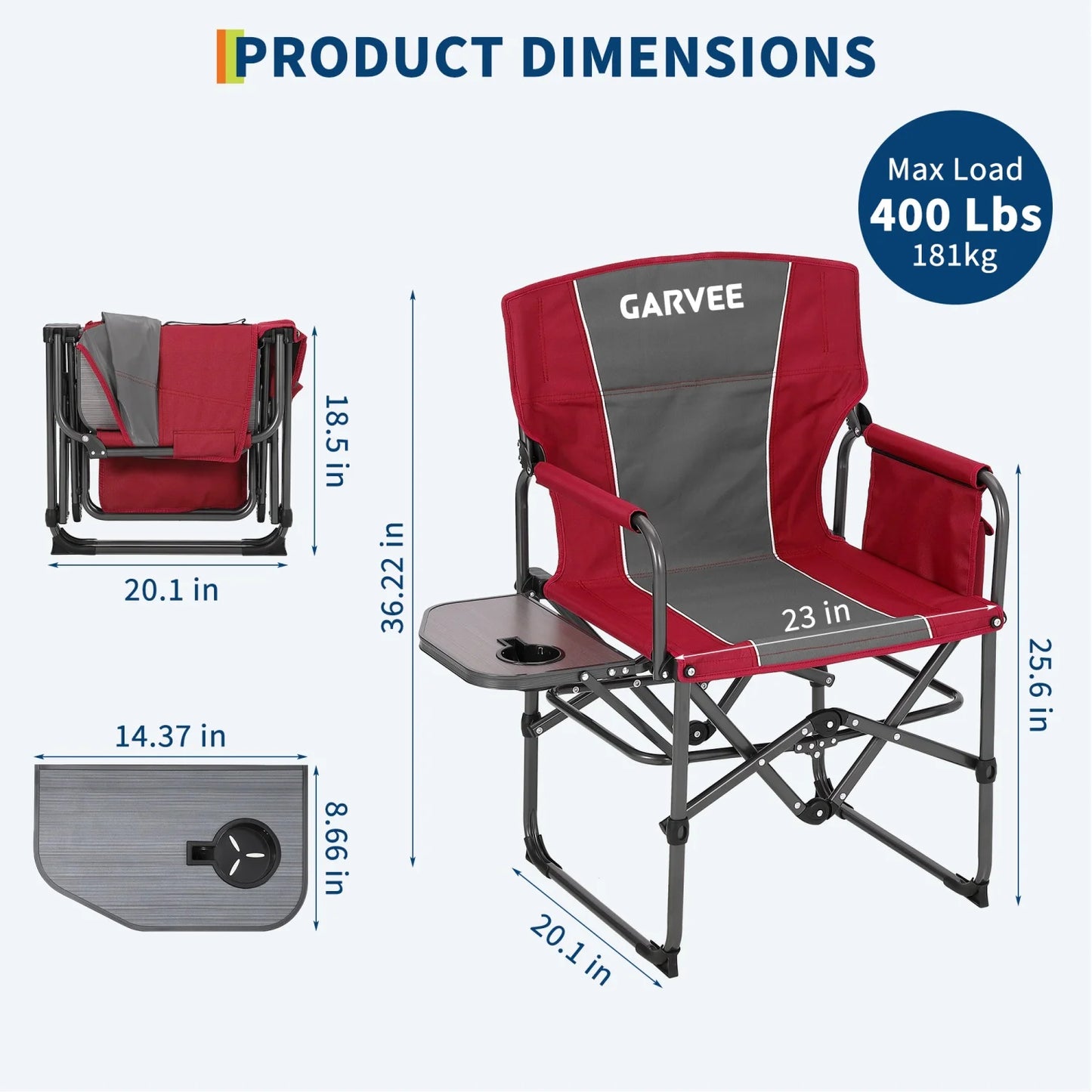 1 Pack / 2 Pack Oversized Heavy Duty Folding Directors Chair for Adults, 400 Lbs Capacity Portable Camping Chair with Side Table, Cup Holder & Side Pocket, Lawn Chairs for Camping, Beach, Garden, RV