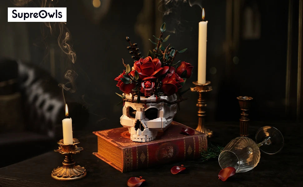 SupreOwls Skull Flowers Building Blocks Set Gothic Roses Bouquet Toy Skeleton Planter Pot Floral Decor Collection Gift for Adult