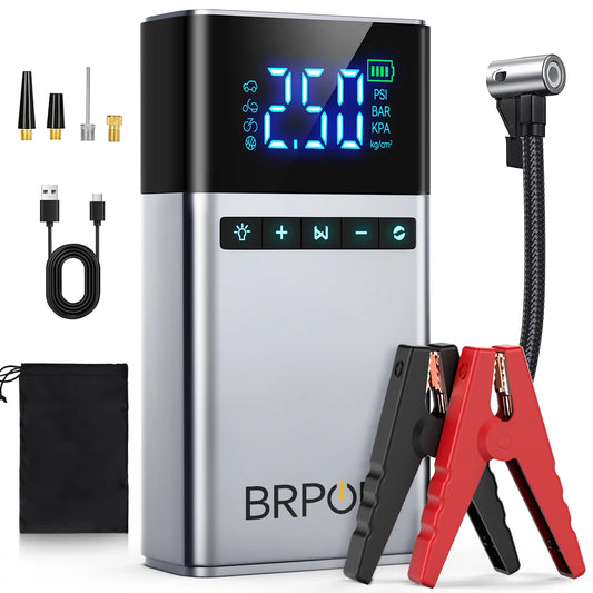 BRPOM 26800mAh Portable Car Starter with Air Compressor 180 PSI 6000A Starter 12V Car Battery Starter Box Car Battery Jumper Starter
