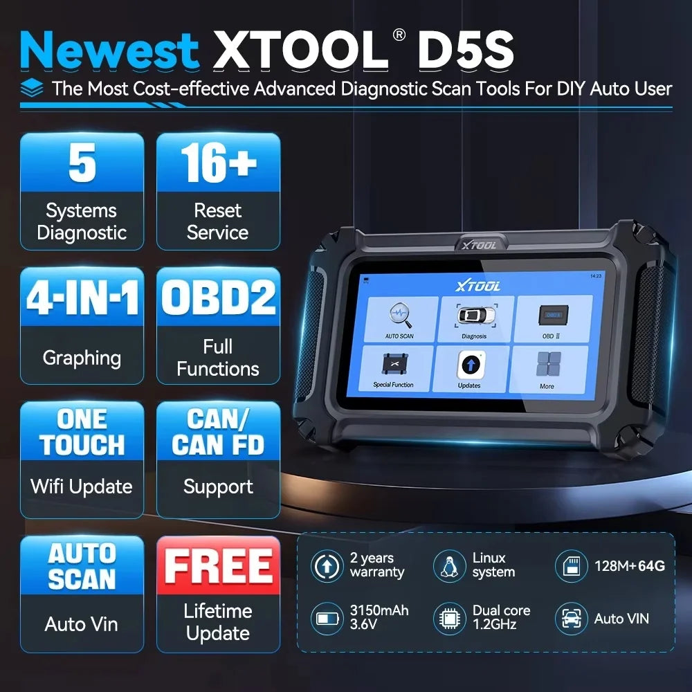 XTOOL D5S Car Diagnostic Tool 5 System Automatic OBD2 Scanner 4-IN-1 Live Data with 16+ Reset Functions with CANFD FCA Protocol Lifetime Free Update