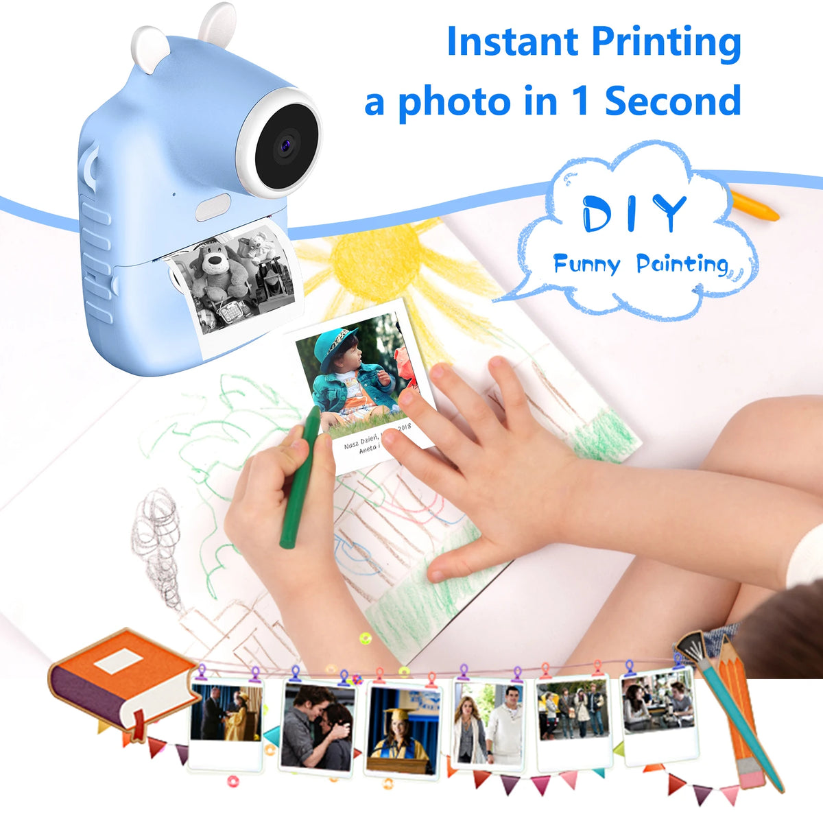P1 Children Instant Camera Mp3 Printing Camera With Print Paper 2.4-inch HD Camcorder For Girls Toddler