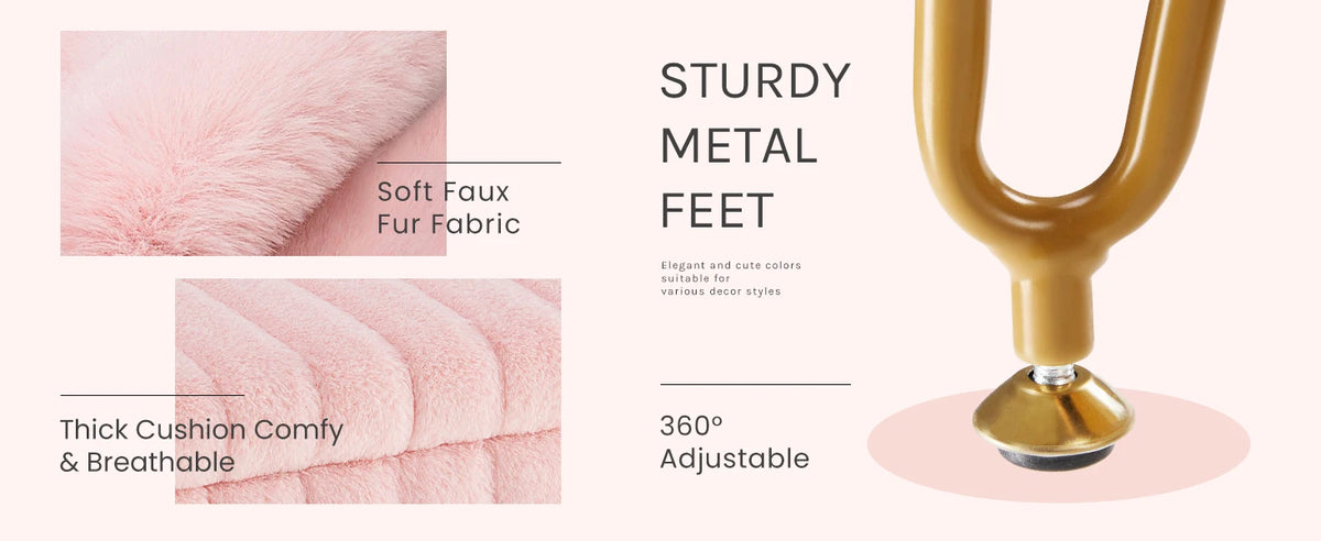 JHK Faux Fur Upholstered Storage Ottoman Metal Legs Padded Seat