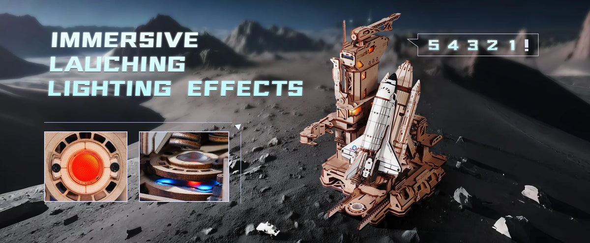 Robotime Space Shuttle 3D Wooden Puzzle Moving Rocket Launch Tower with Lights Mechanical Building STEM Project for Adult Teen