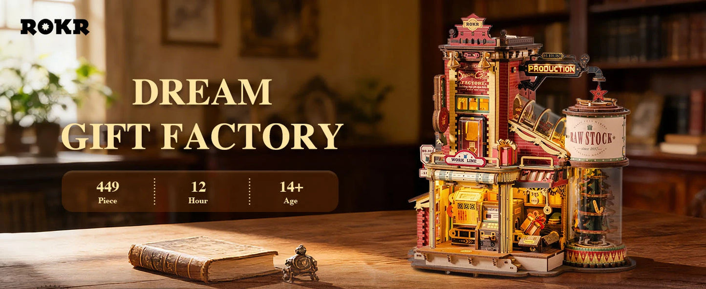 ROKR Dream Gift Factory Wooden 3D Puzzle DIY Mini Dollhouse Model Building Kit with Music & LED Lights 449 Pieces Assembly Toys for Adults Teens