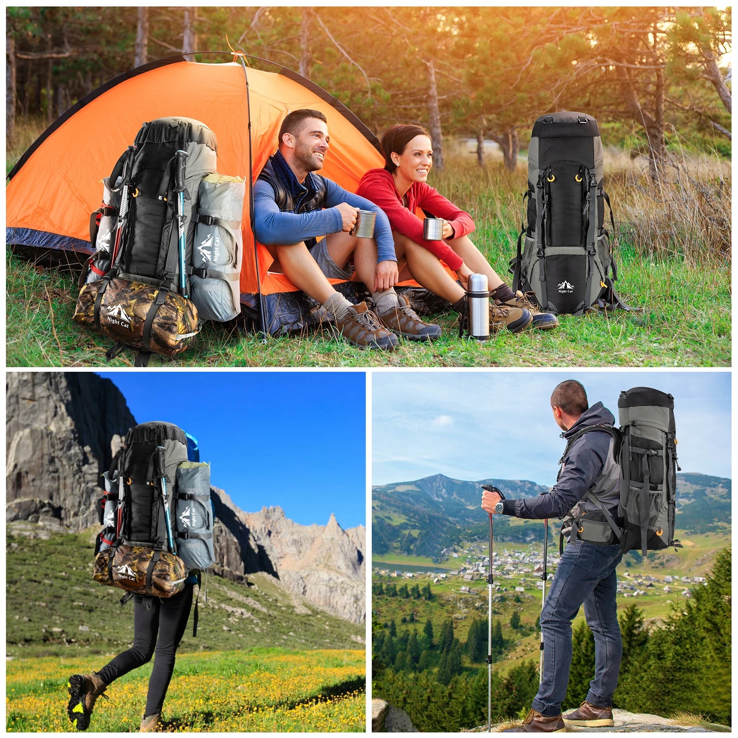 Night Cat Camping Backpacks 70L 90L with Internal Frame Hiking Backpack for Men Women Waterproof Lightweight Breathable Outdoor Mountaineering Traveling
