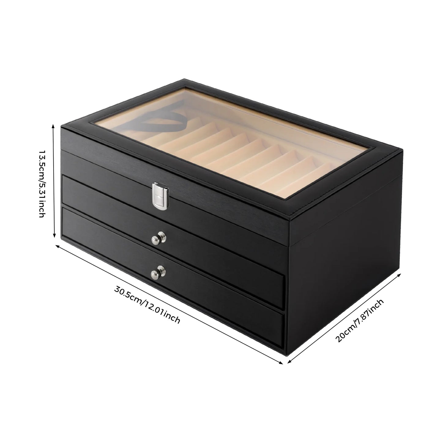 3-Tier Pen Display Box Desktop Pens Organizer 36-Slots Pen Case Soft PU Surface Black with Drawers