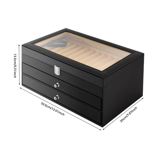 3-Tier Pen Display Box Desktop Pens Organizer 36-Slots Pen Case Soft PU Surface Black with Drawers