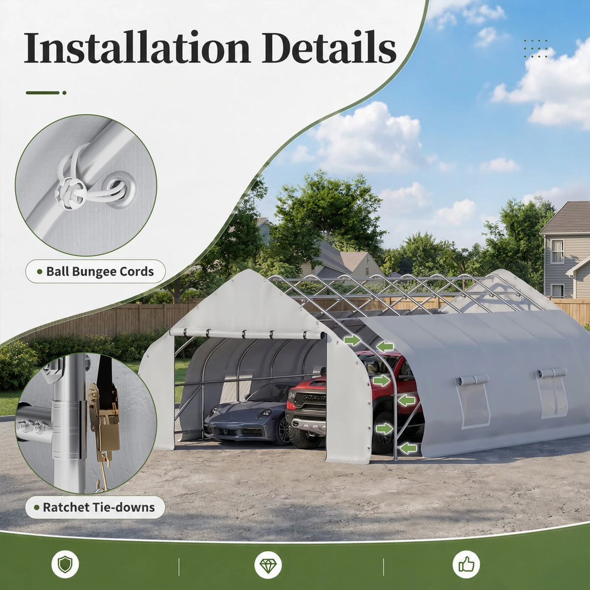 Polar Aurora 20x30 FT Heavy Duty Curved Carport, Portable Car Tent Garage with Reinforced Galvanized Steel Frame, Enclosed Car Port Canopy with Roll-Up Windows & Doors for Truck, Boat, Silver