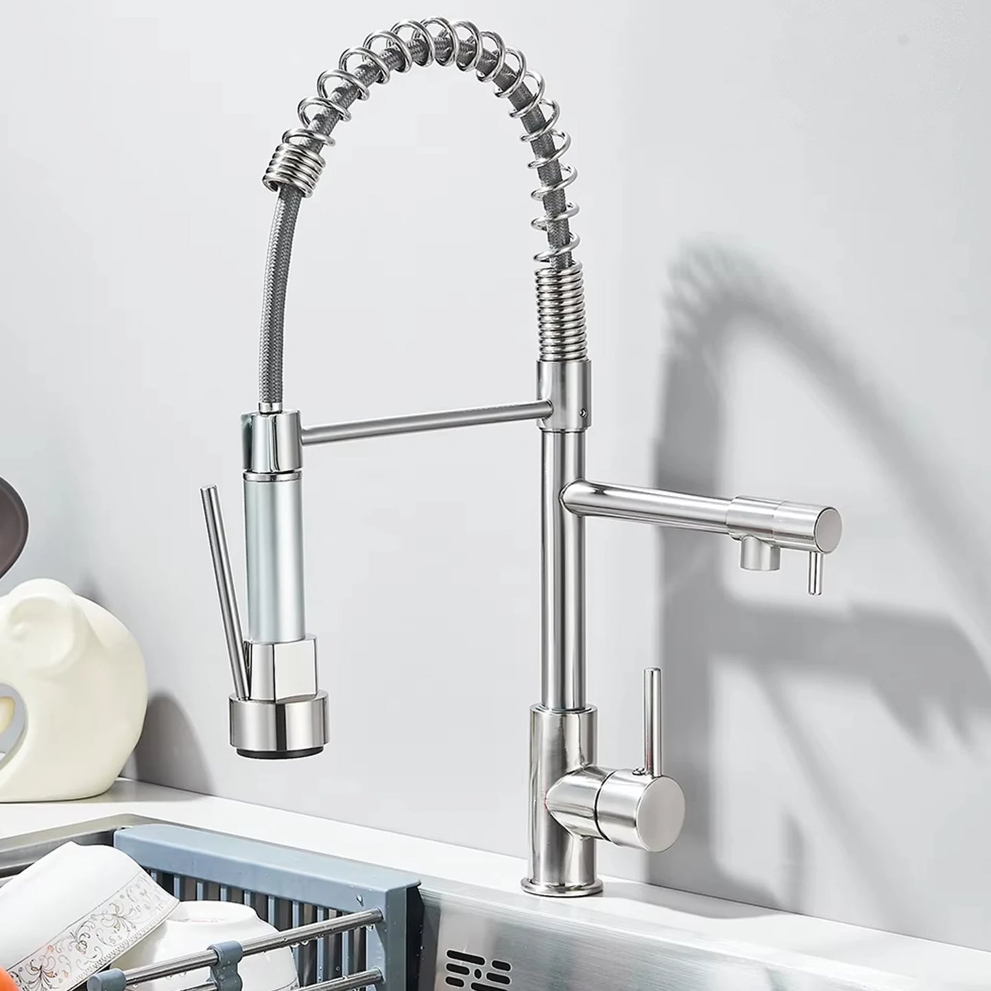 Black Spring Pull Down Stainless Steel Kitchen Sink Faucet Hot Cold Water Mixer Crane Tap with Dual Spout 360° Rotation Faucet