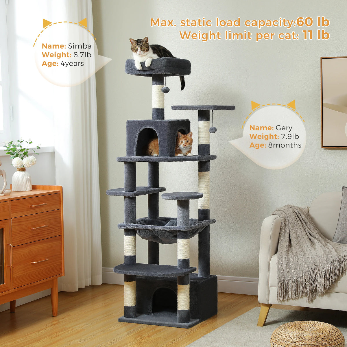 Large Cat Tree and Tower for Indoor Cats With Sisal-Covered Scratching Posts Spacious Hammock Padded Perches and Condos Cat Toys