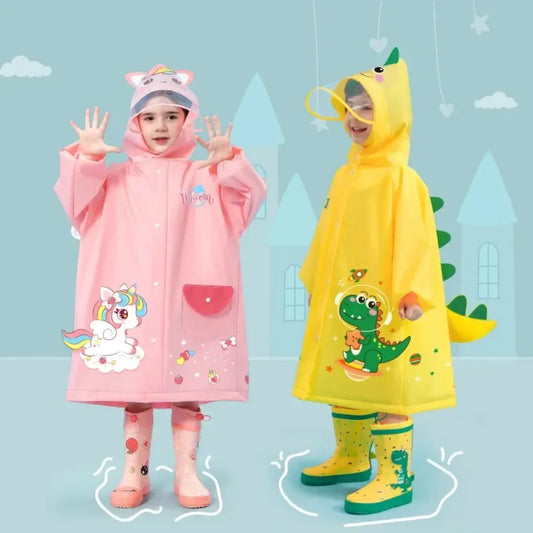 Cute Kids Raincoat Wateproof Children Dinosaur Unicorn Rain Poncho Rain Coat Jacket with Backpack Position Student RainWear