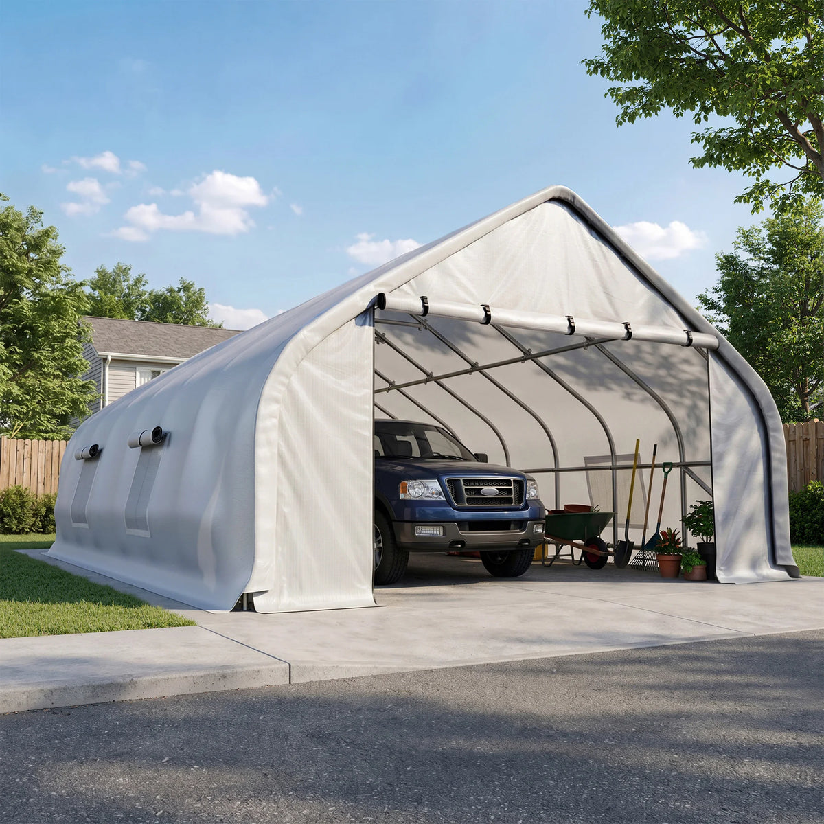 Polar Aurora 20x30 FT Heavy Duty Curved Carport, Portable Car Tent Garage with Reinforced Galvanized Steel Frame, Enclosed Car Port Canopy with Roll-Up Windows & Doors for Truck, Boat, Silver