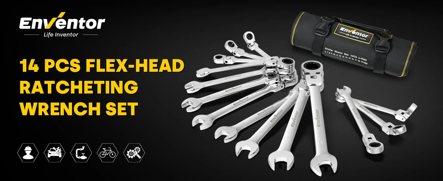 Enventor 14 Pieces Ratcheting Wrench Set 180° Flex Head Metric 6-19mm Combination Ratchet Wrenches Set Rolling Pouch For Garage