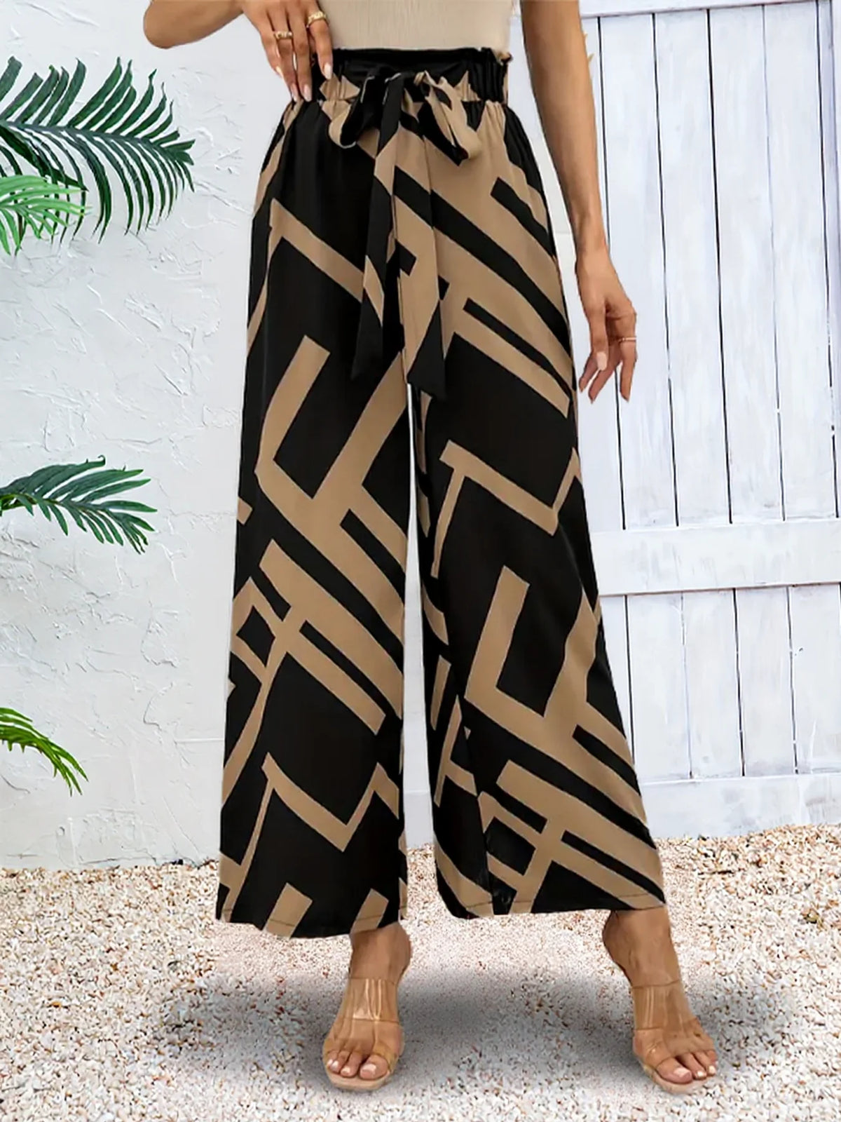 Women's High Waist Geometric Print Wide Leg Pants Bow Tie Casual Long Pants Elegant Streetwear