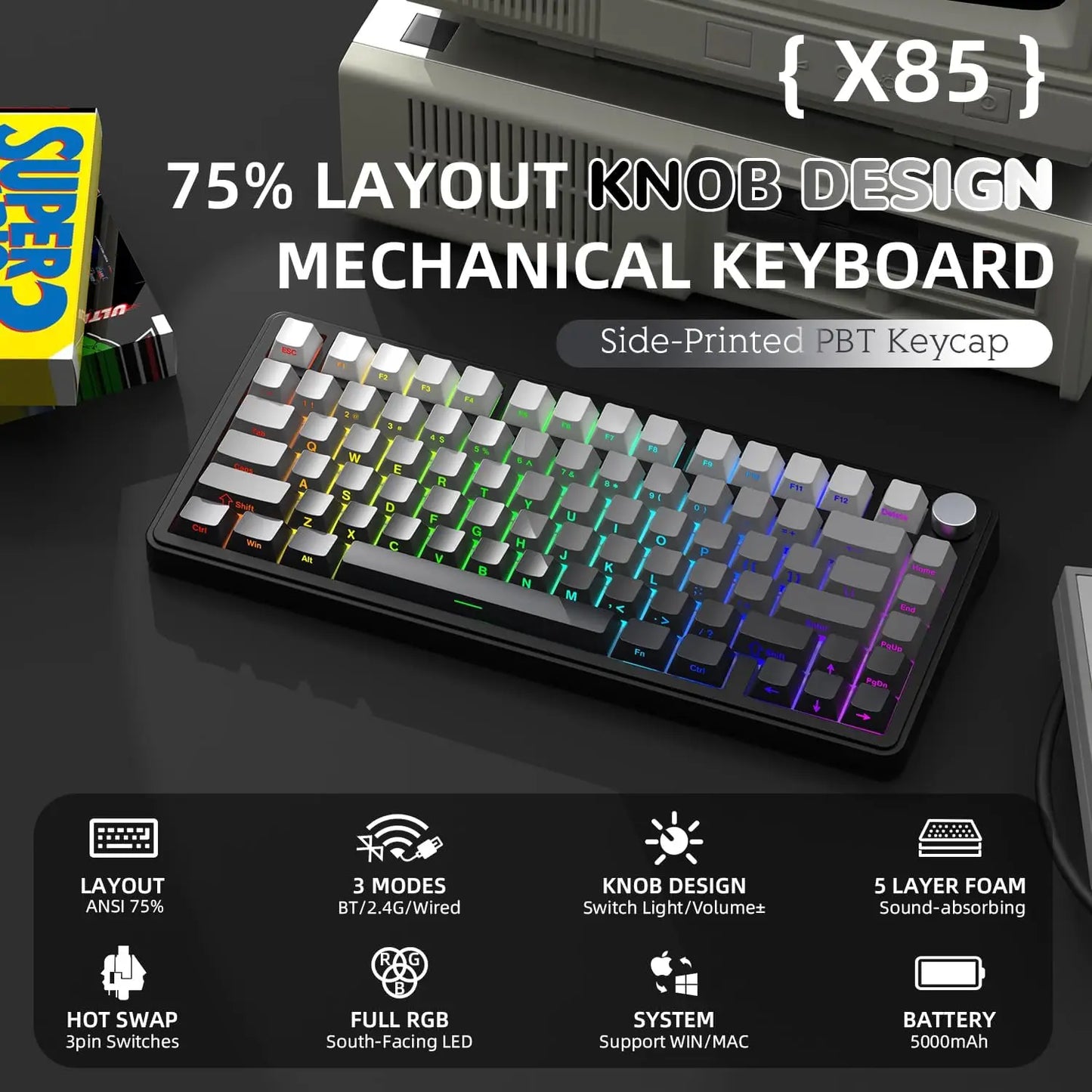 ATTACK SHARK X85 Wireless Mechanical Gaming Keyboard,TKL 82 Keys,Gasket Structure,Knob,RGB Hot Swappable Custom Keyboard