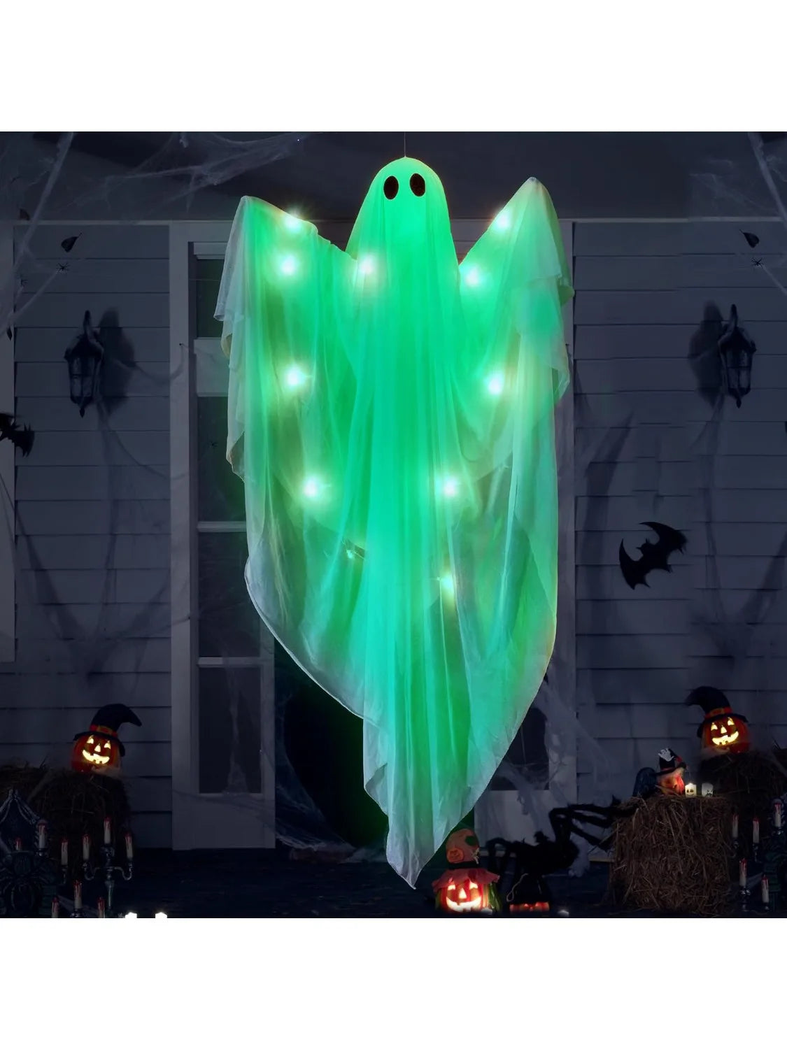 47” Halloween Hanging White Ghost Halloween Hanging Light up Ghost with Spooky Green Blue Purple LED Light  Decoration for Front Yard Patio Lawn Garden Party Decor Indoor Outdoor