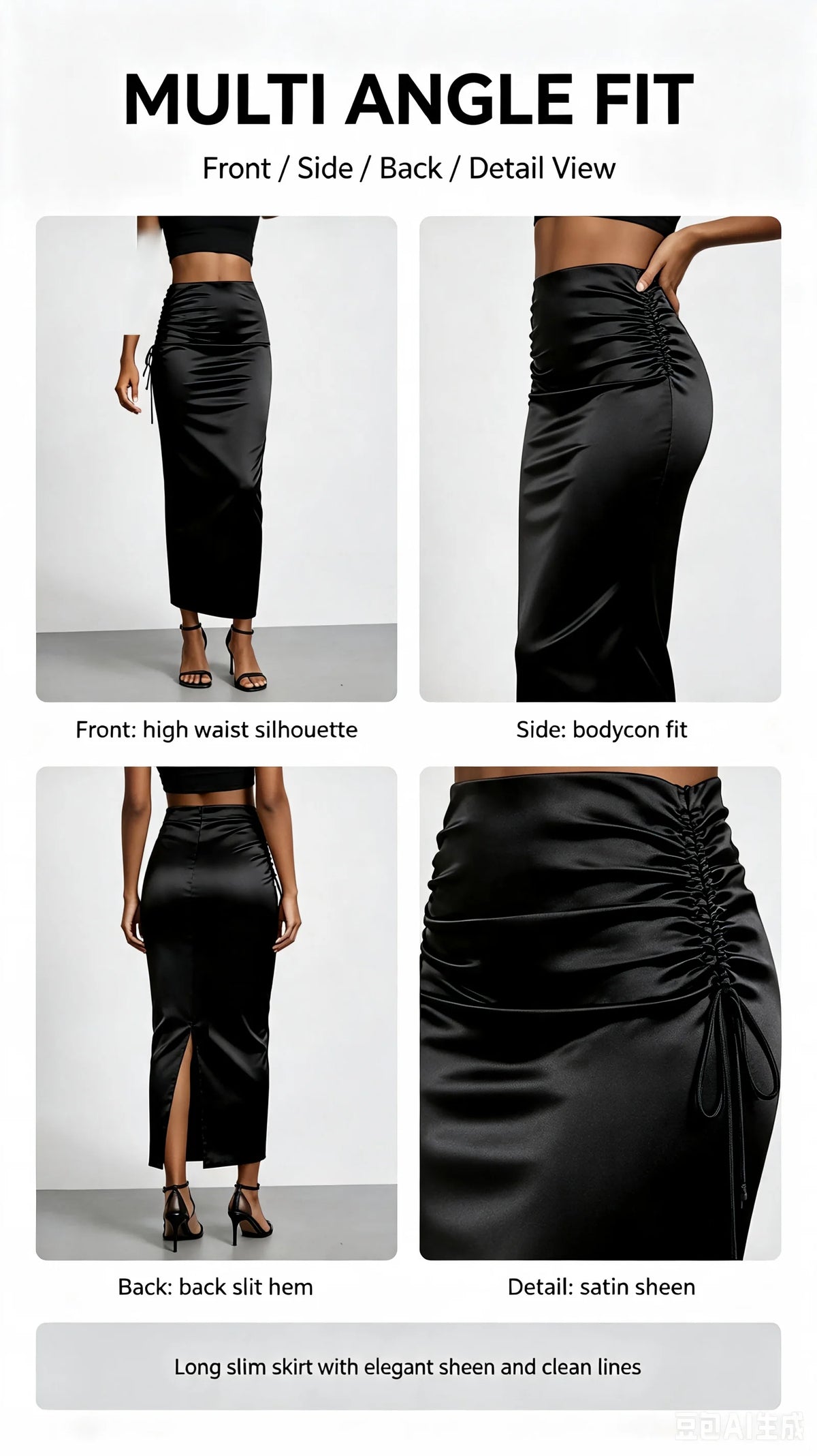 Women Black Satin High Waist Midi Skirt Ruched Drawstring Bodycon Long Skirt Elegant Club Party Evening Cocktail Wear