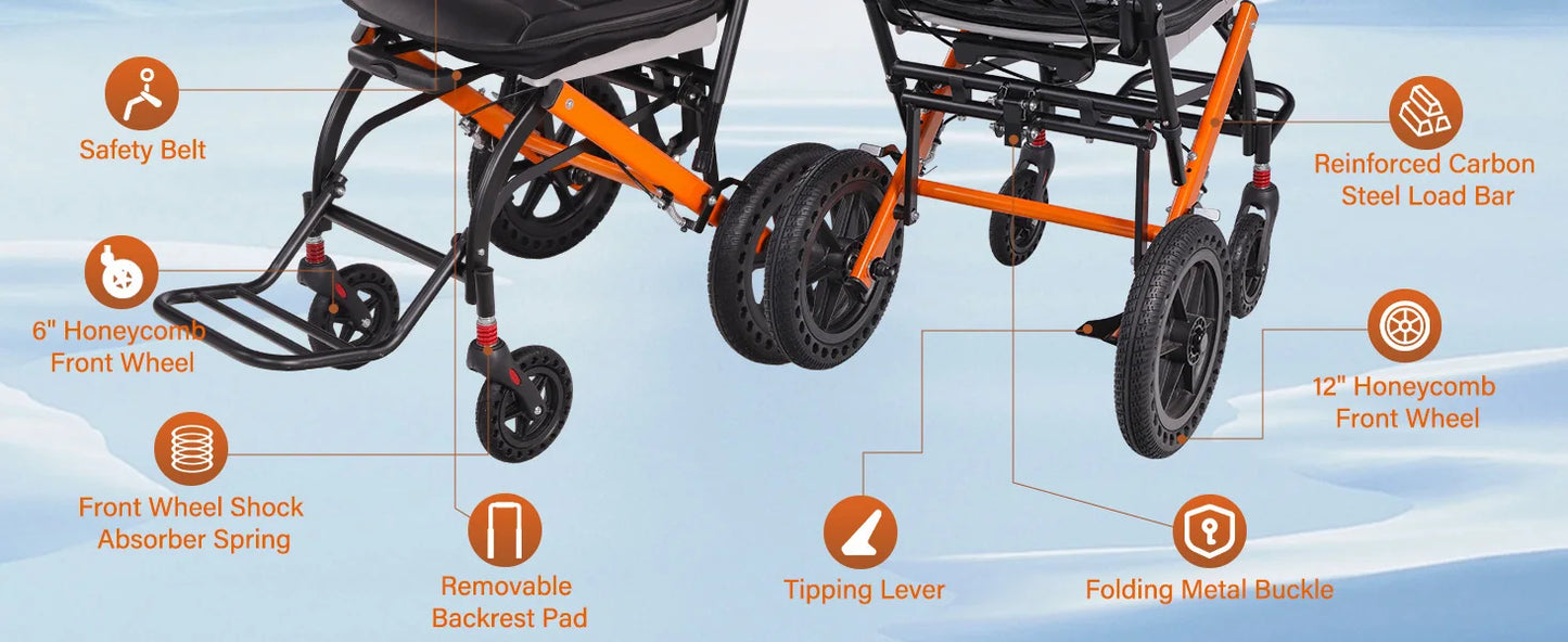 Premium Lightweight Transport Wheelchair for Seniors & Adults, Ergonomic Folding Travel Wheelchair with Adjustable Caregiver