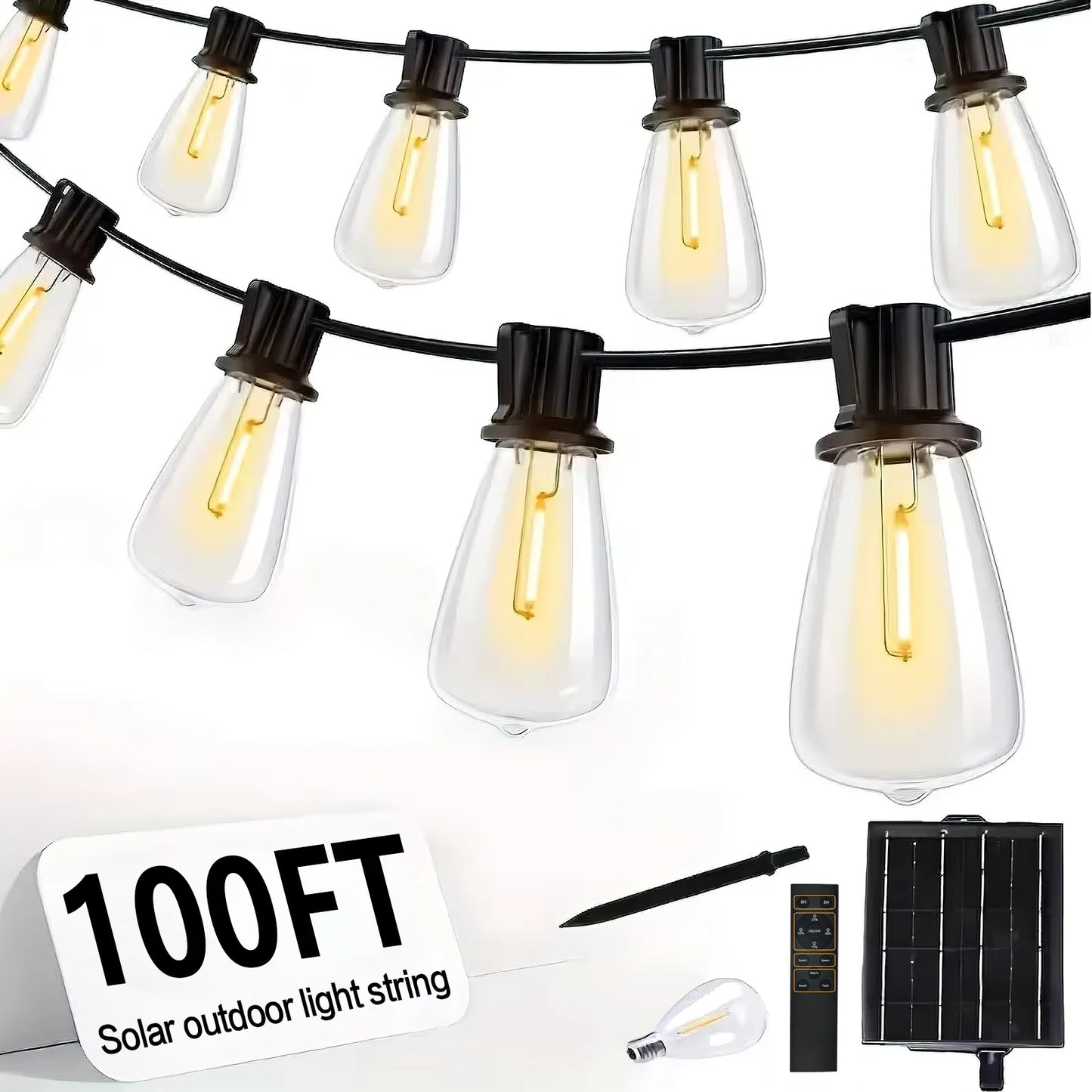 ST38 Solar String Lights 100FT Outdoor, 24 E12 LED Bulbs 2700K Warm White, Waterproof Shatterproof Black Wire Patio Lights