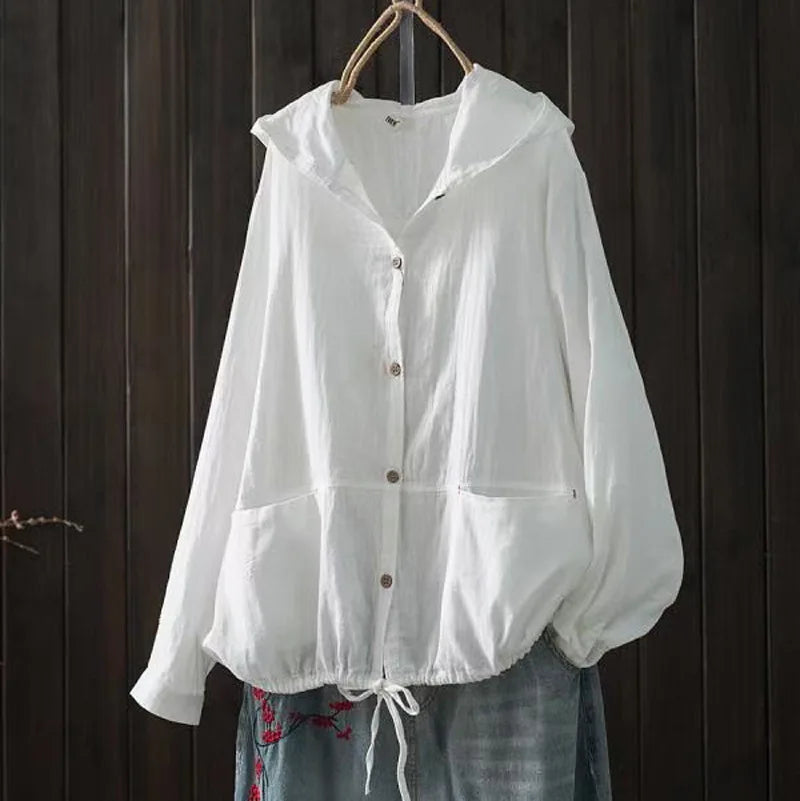 Large size blouses for women hoodies Japan style long sleeve solid shirts cotton hooded tops cardigan plus size women's clothing