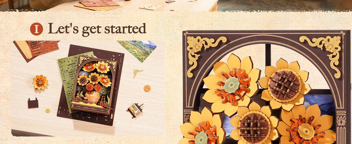 ROKR Wooden Flower Golden Sunflower Building Sets for Adult with Lights TH002, Van Gogh Wall Art Crafts, Painting Frame Room Decor, Valentine's Day/Anniversary/Birthday Gifts for Women, 266PCS