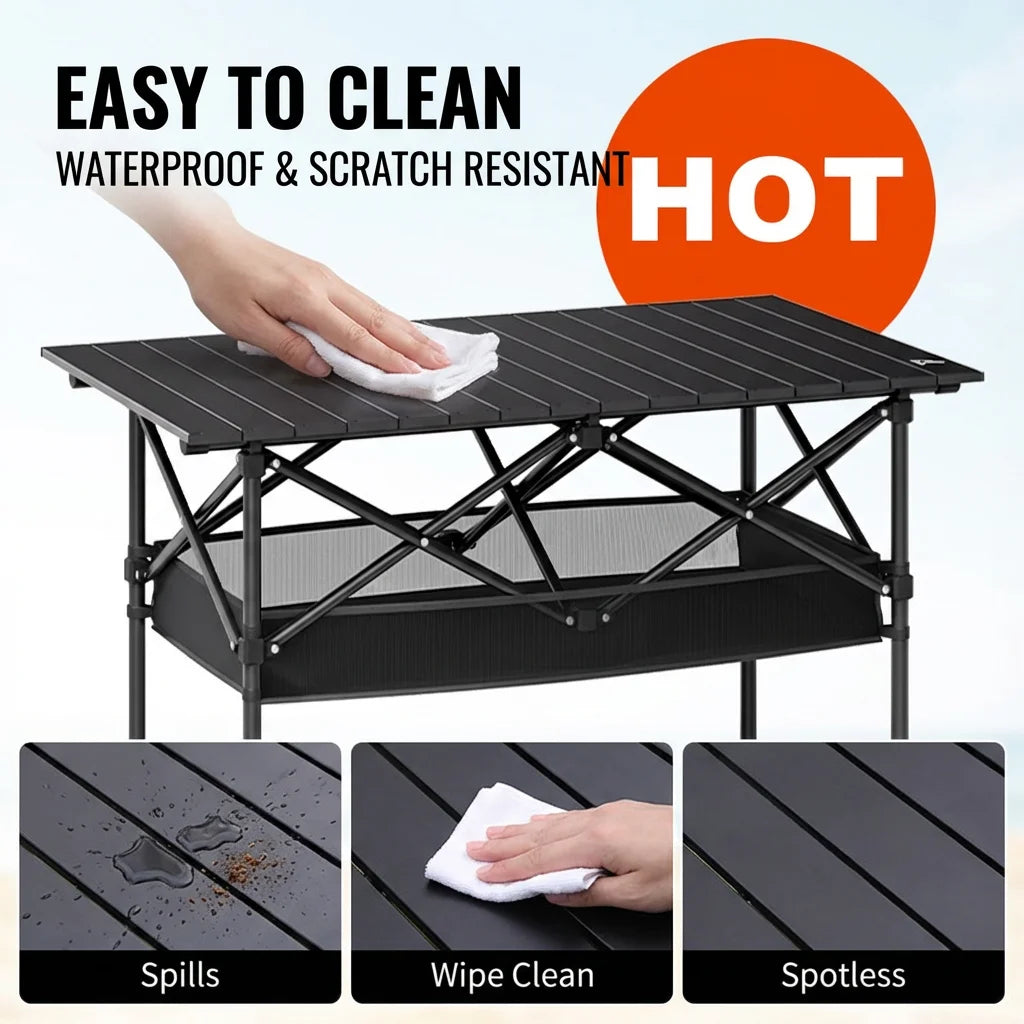 Portable Folding Outdoor Table, 95cm/120cm Lightweight Camping Table with Mesh Storage Shelf, Waterproof Scratch-Resistant Top, Carry Bag Included for Picnic, Beach & RV