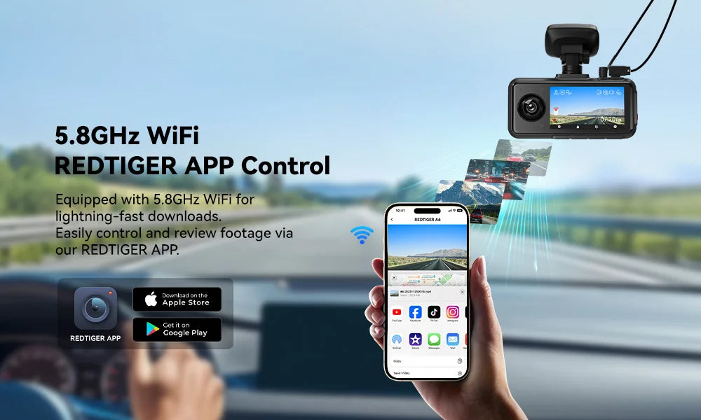 REDTIGER A6 3 Cameras Front/Cabin/Rear Cam 4K Dash Cam Built-in 5.8Ghz WiFi GPS Car DVR Night Vision Parking Monitor 3 Cameras