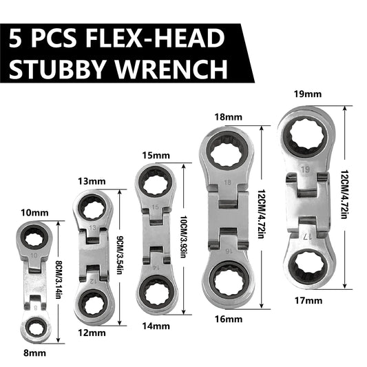 5pcs Dual Flex Head Ratcheting Wrench Set, Double Box End, Flex-Head, Stubby Metric Combination Wrench Set