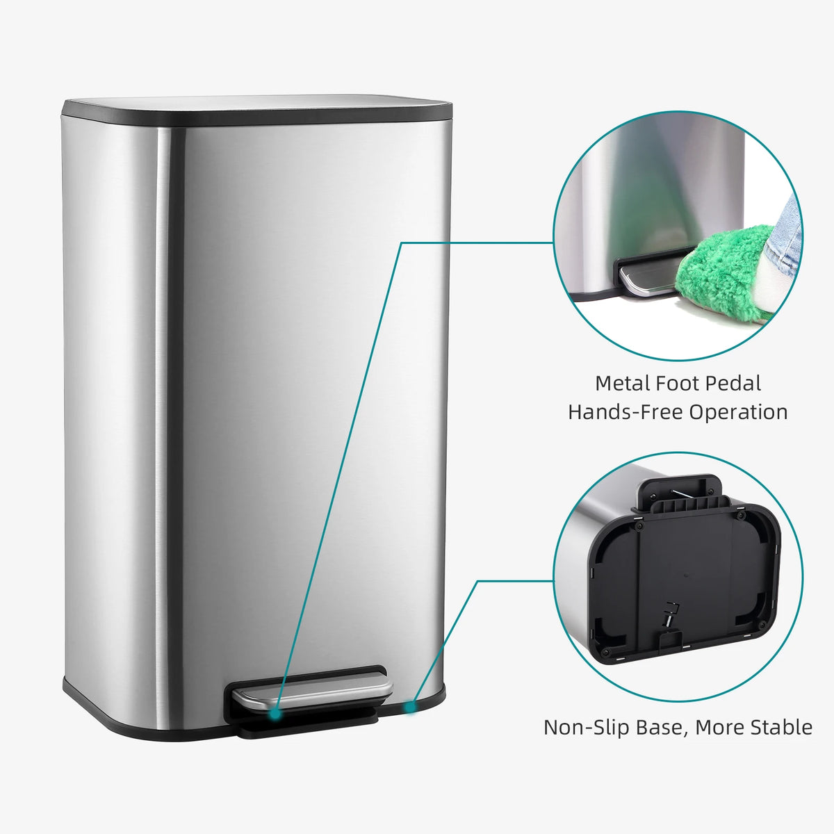20/50L Stainless Steel Kitchen Trash Can Soft-Close Lid - Removable Inner Bucket  Hands-Free Step Pedal,Rectangular Wastebasket for Kitchen, Office, Bathroom, Bedroom
