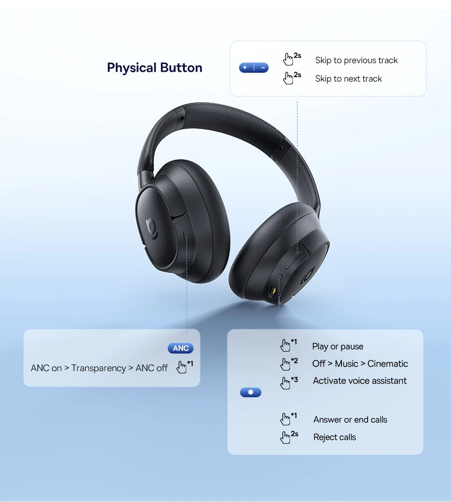 Baseus ANC Wireless Headphones 98% Adaptive Hybrid Noise Cancelling Headsets Hi-Res LDAC Headphone Bluetooth 6.0