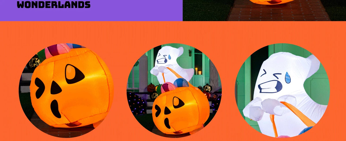 5 FT Tall Halloween Inflatables Outdoor Decorations Cute Ghost Blow Up Ghost Lift Pumpkin Candy Bag with Build-in LEDs For Halloween Gifts