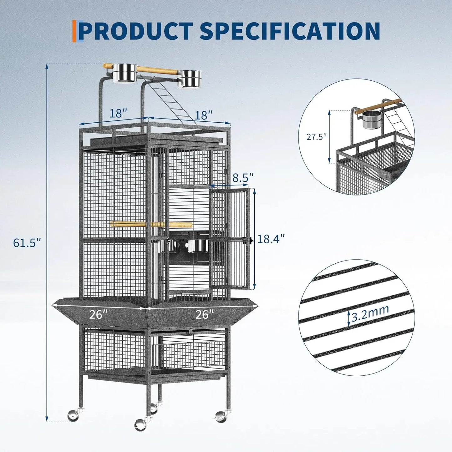 Large Bird Cage, Metal Parakeet Cage with Play Top, Wood Perches & Feeder, Spacious Rolling Flight Cage for Parrots, Cockatiels