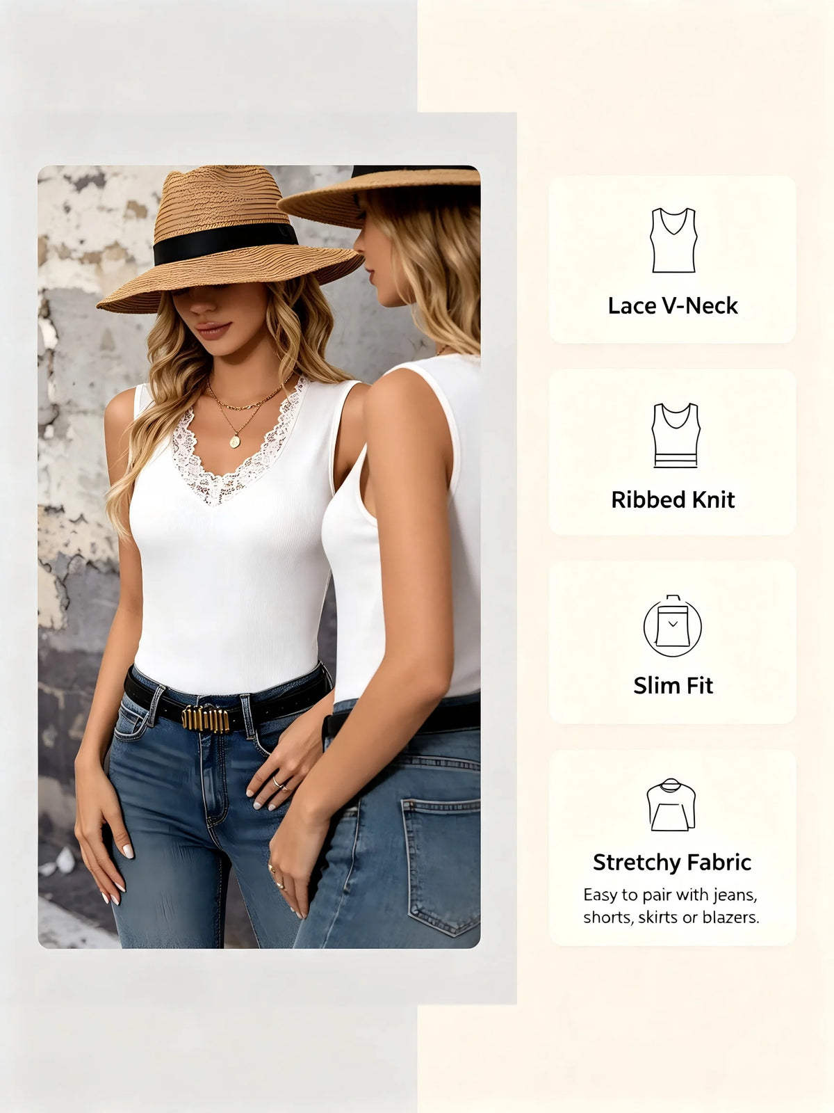 Women Lace V Neck Sleeveless Tank Top Ribbed Knit Slim Fit Vest Casual Daily Basic Cami Tops For Summer