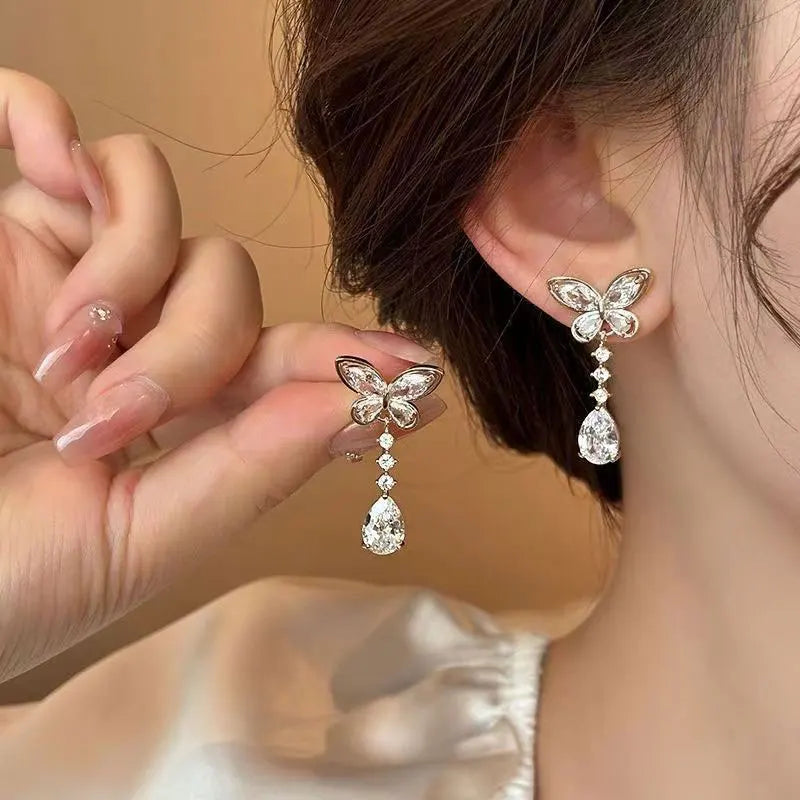 OXTAO Sweet Butterfly-Style Moissanite&CZ Earrings for Women Girl Lab Imitation Diamond Tassels Drop Earrings Jewelry Gifts 14K Gold Filled
