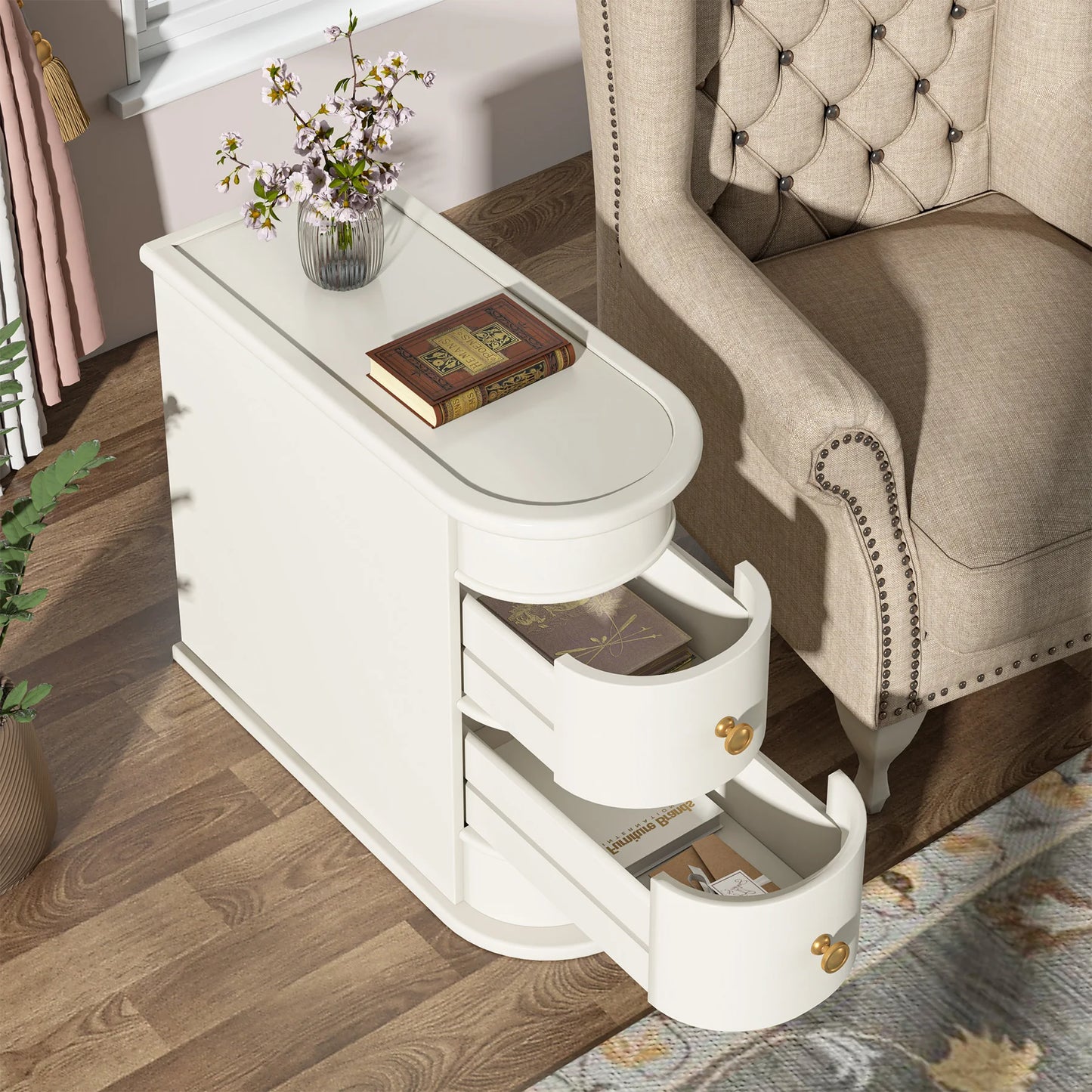 Tribesigns End Table Round Solid Wood Sofa Bedside Narrow Bedroom Side Table Nightstand with Drawer