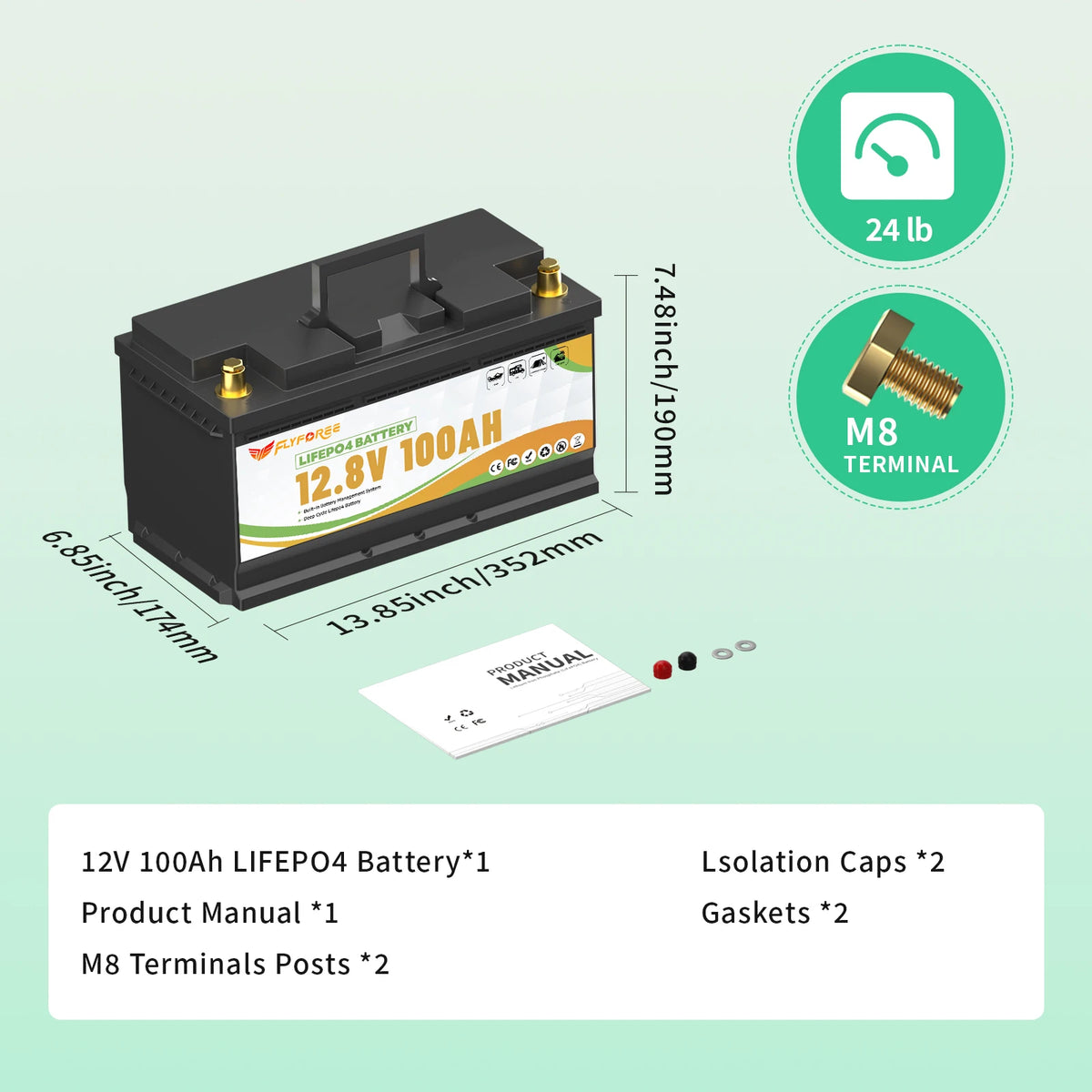FLLYROWTH 12V 100Ah LiFePo4 Lithium Battery Pack With Bluetooth 100A BMS For RV Boat Motor Inverter Solar Wind Off-Road Off-grid LiFePO4 Batter