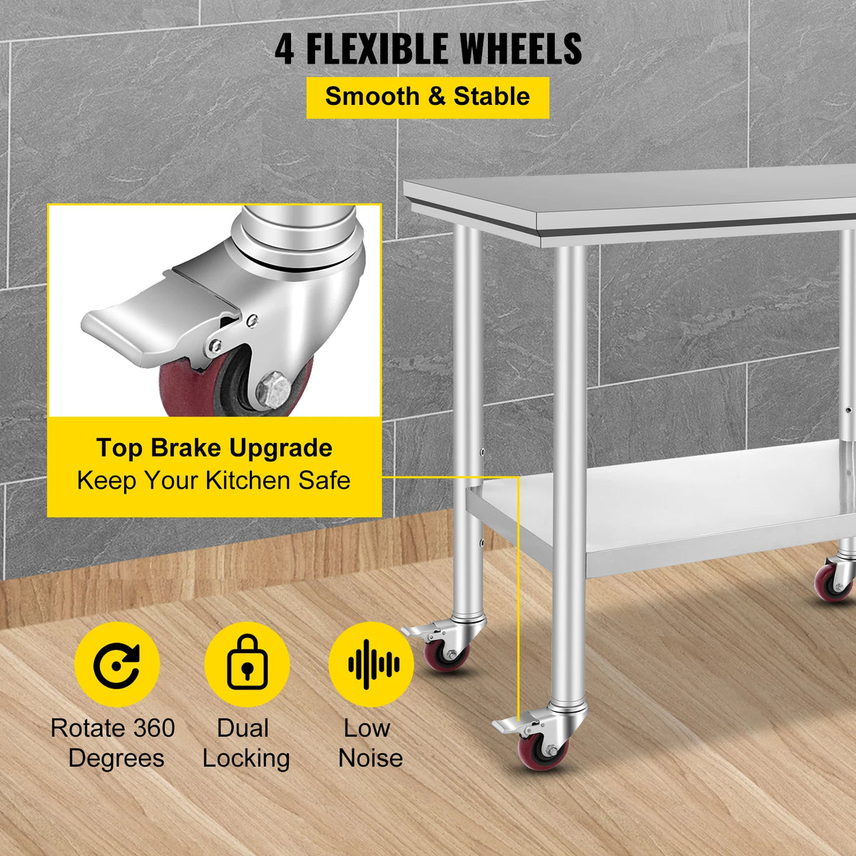 SucceBuy Stainless Steel Kitchen Worktable Shelves Commercial Work Bench Table with Caster Wheels for Home Restaurant Storage