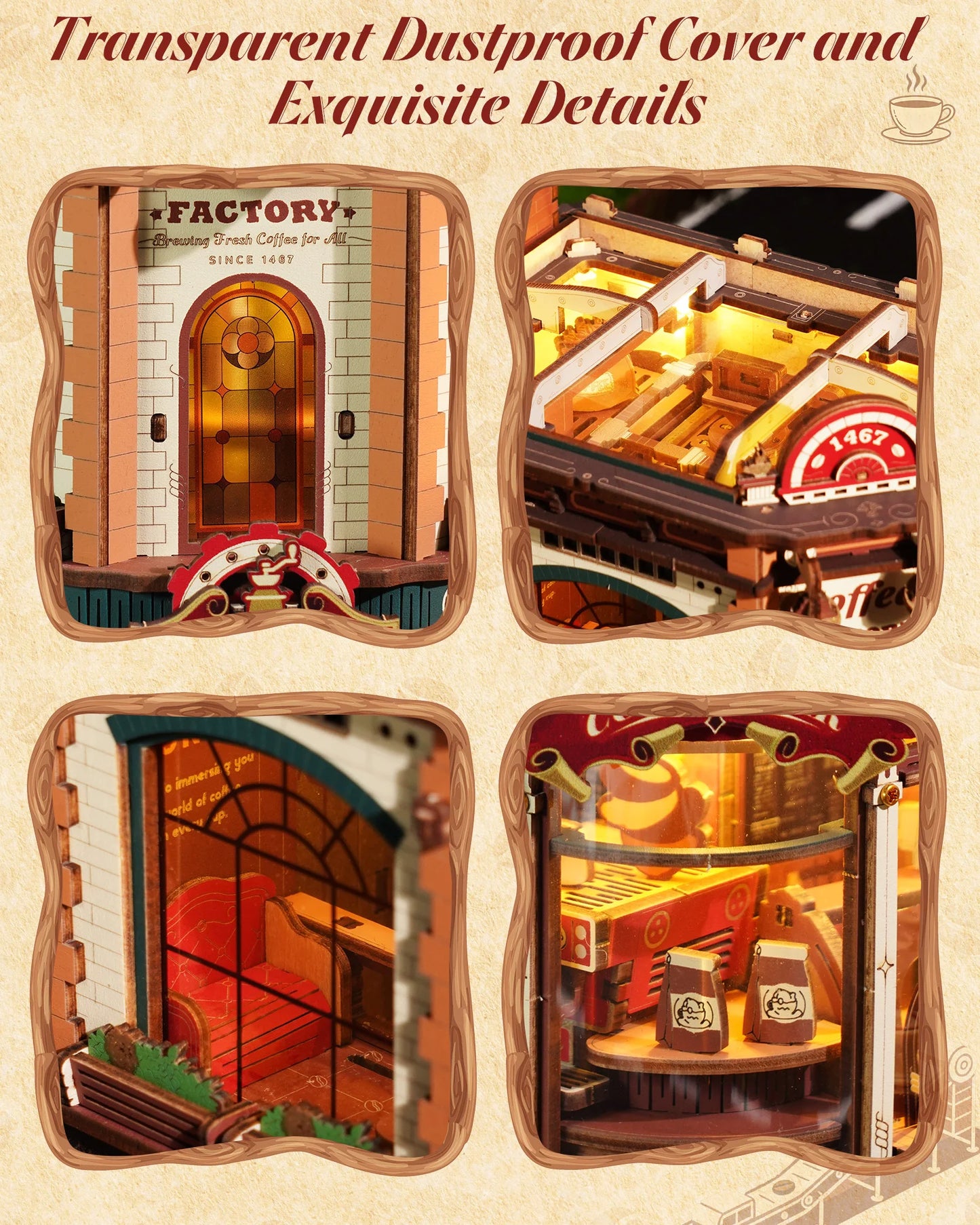 ROKR Wooden 3D Puzzle Dream Coffee Factory Music Box Model Building Kit 593-piece DIY Miniature House Kit with LED Light Unique Home Decor Gift for Adults Women