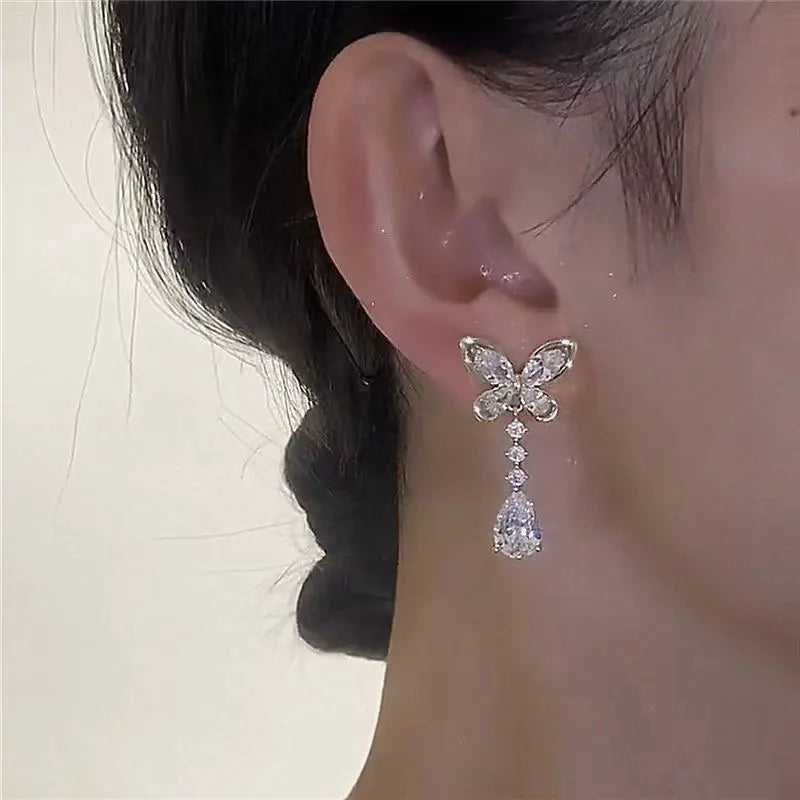 OXTAO Sweet Butterfly-Style Moissanite&CZ Earrings for Women Girl Lab Imitation Diamond Tassels Drop Earrings Jewelry Gifts 14K Gold Filled