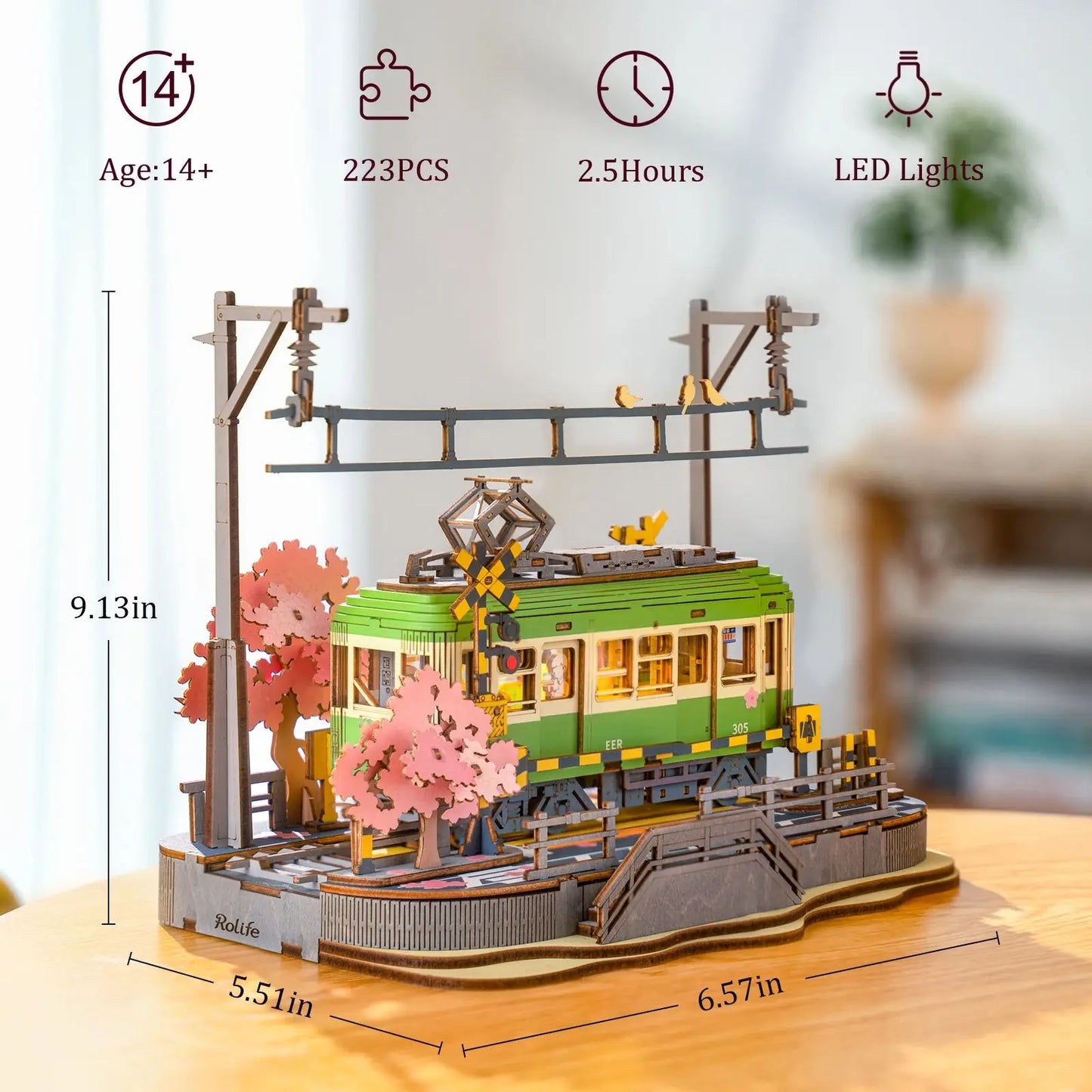 Rolife Wooden 3D Puzzle Sakura Journey Tram DIY Model Building Toy with LED for Bookshelf Home Decor Gifts for Adults Family
