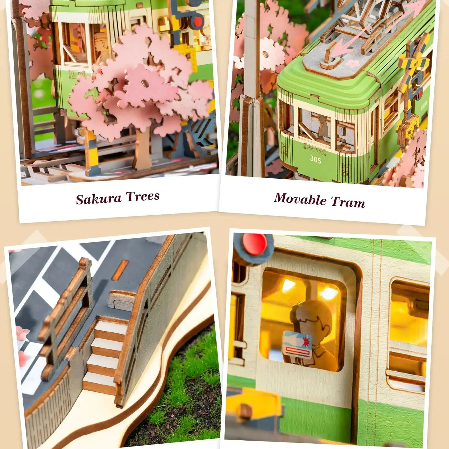 Rolife Wooden 3D Puzzle Sakura Journey Tram DIY Model Building Toy with LED for Bookshelf Home Decor Gifts for Adults Family