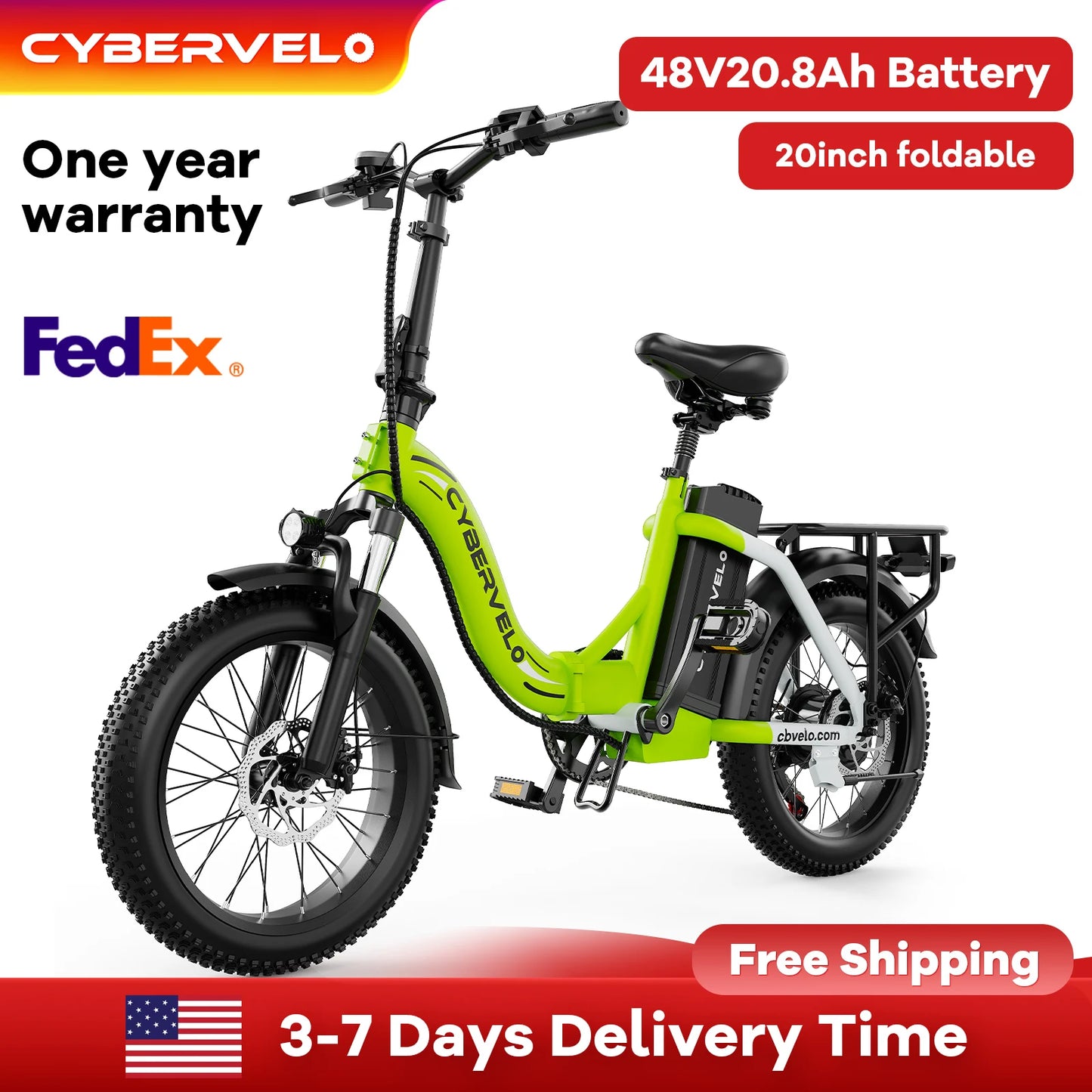 Cybervelo 1000W Electric Bike for Adults 48V 20.8Ah Large Removable Battery Foldable 20 Inch Fat Tire Urban Commuting Mars700