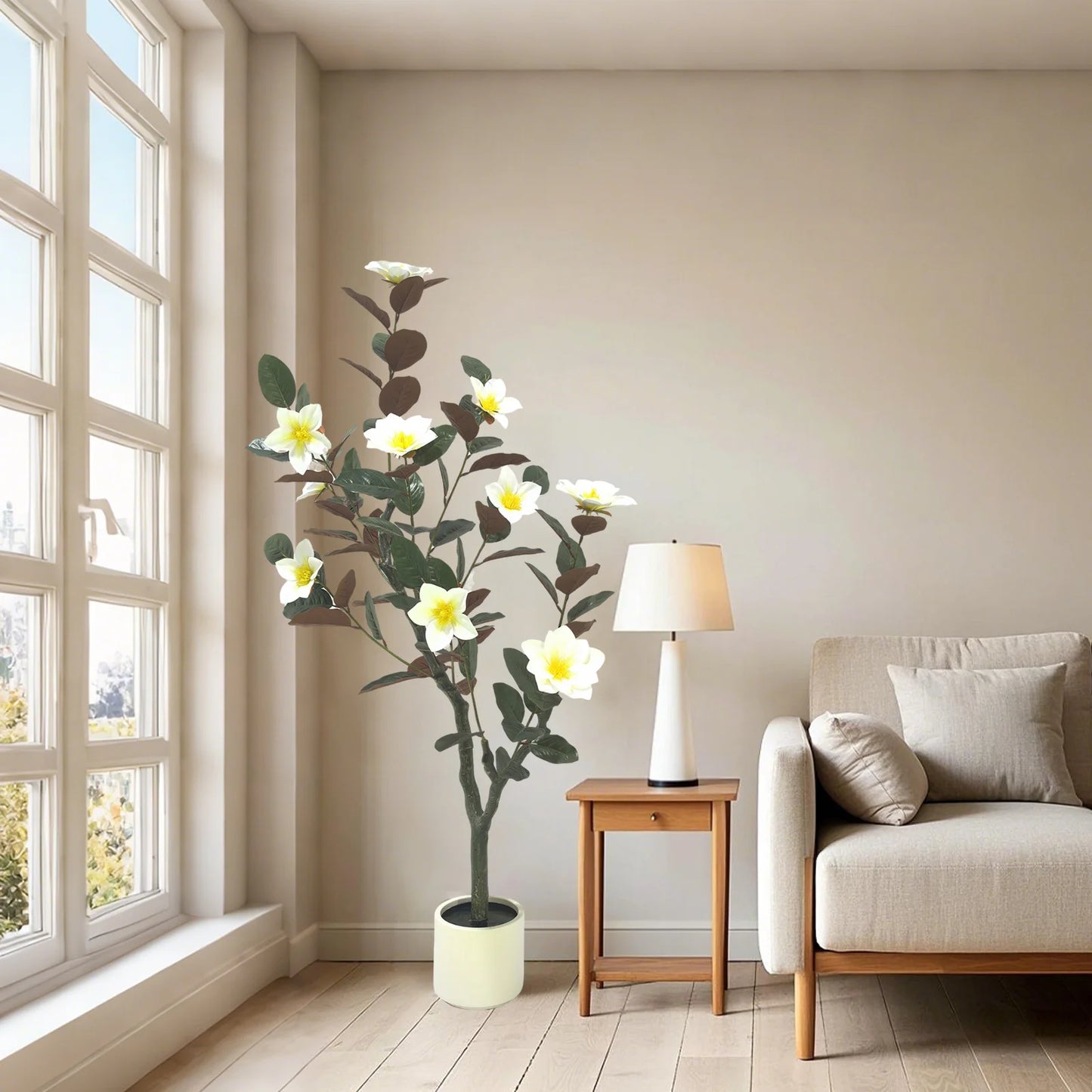 Artificial Magnolia Tree, Realistic Faux Plants In Pot, Magnolia Tree In Pot, Tree Indoor With Blooming Flowers And Leaves For G