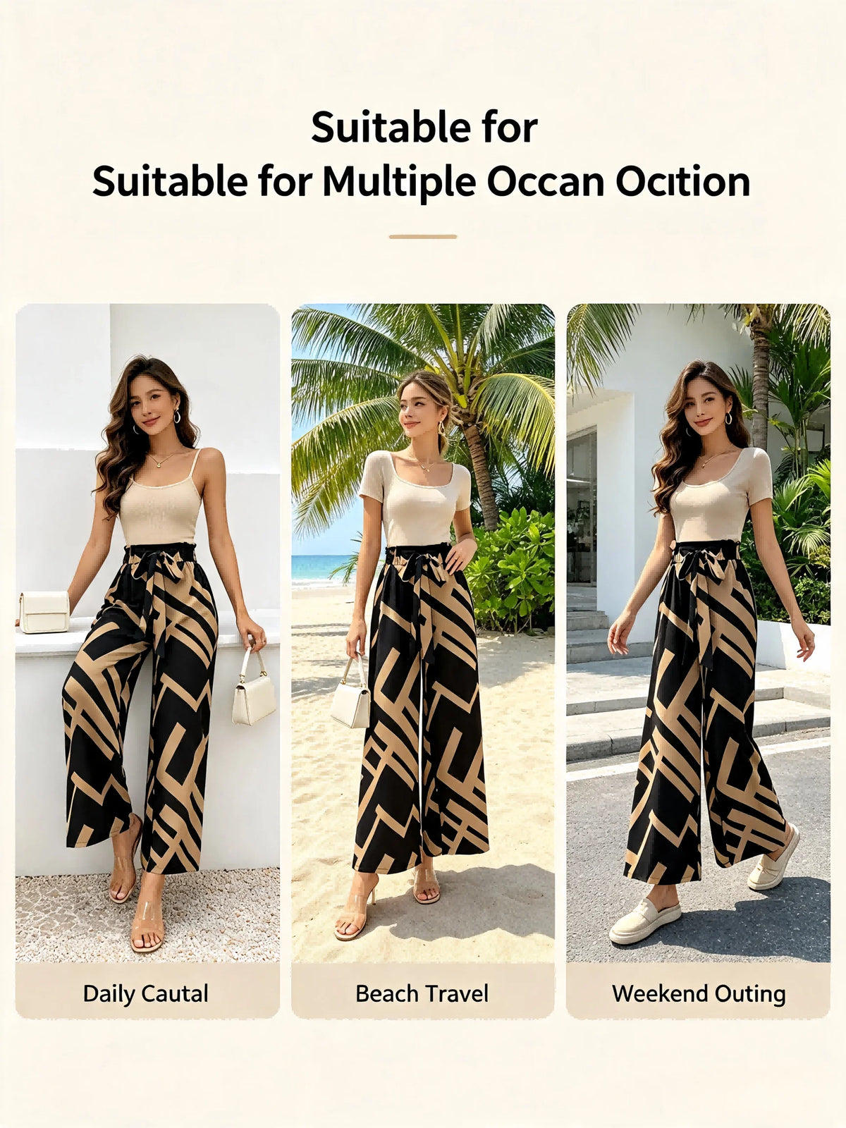 Women's High Waist Geometric Print Wide Leg Pants Bow Tie Casual Long Pants Elegant Streetwear