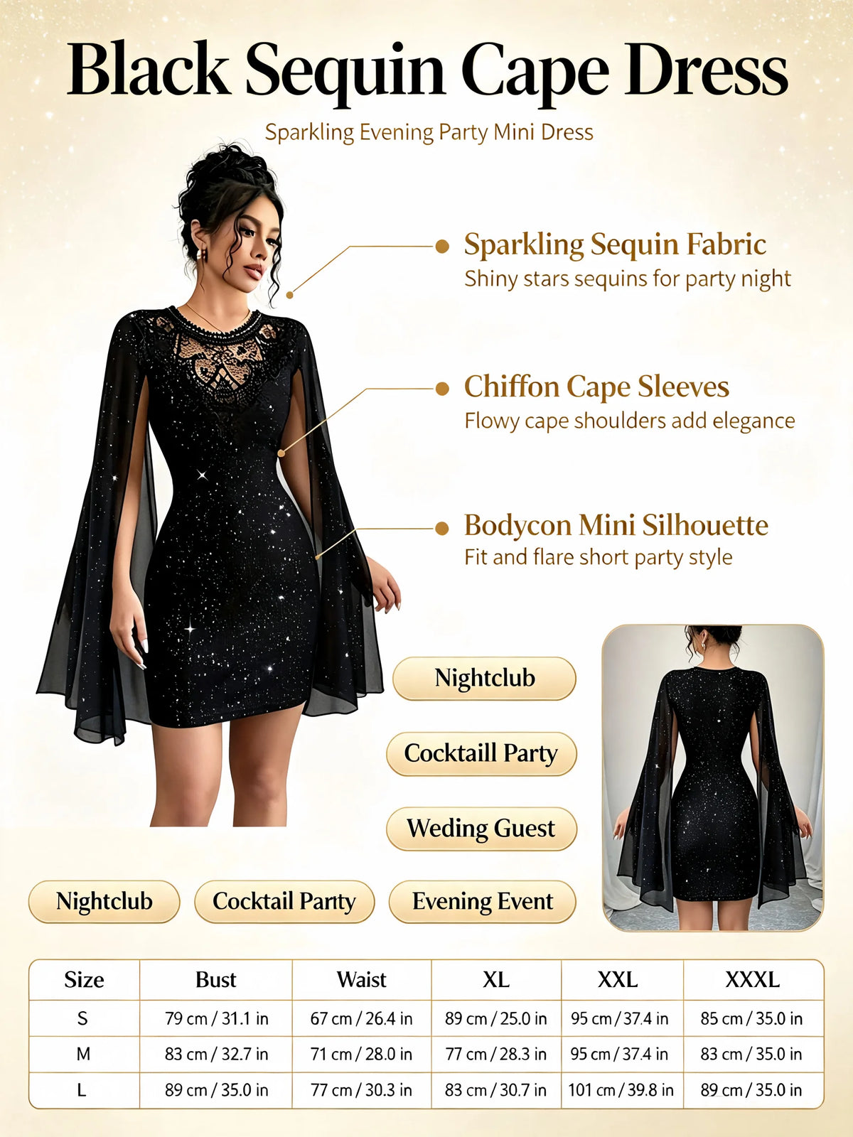 Women Black Glitter Bodycon Mini Dress Lace Crew Neck Sheer Cape Sleeve Slim Party Club Evening Cocktail Short Dress