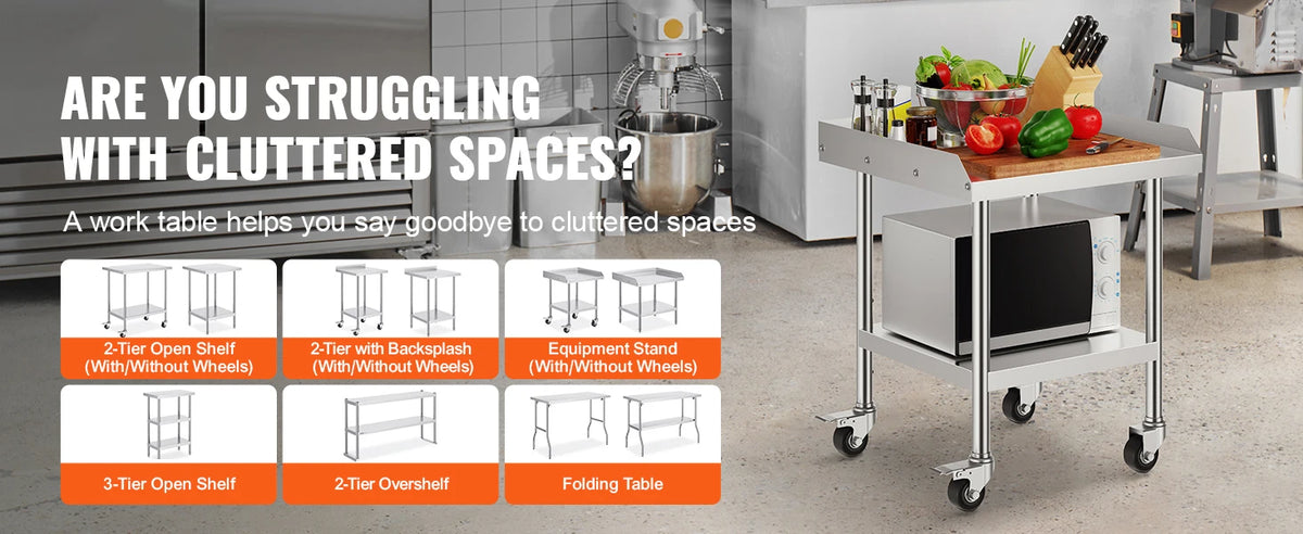 SucceBuy Stainless Steel Work Table Commercial Food Prep Worktable with 4 Wheels Heavy Duty Prep Worktable for Restaurant Home