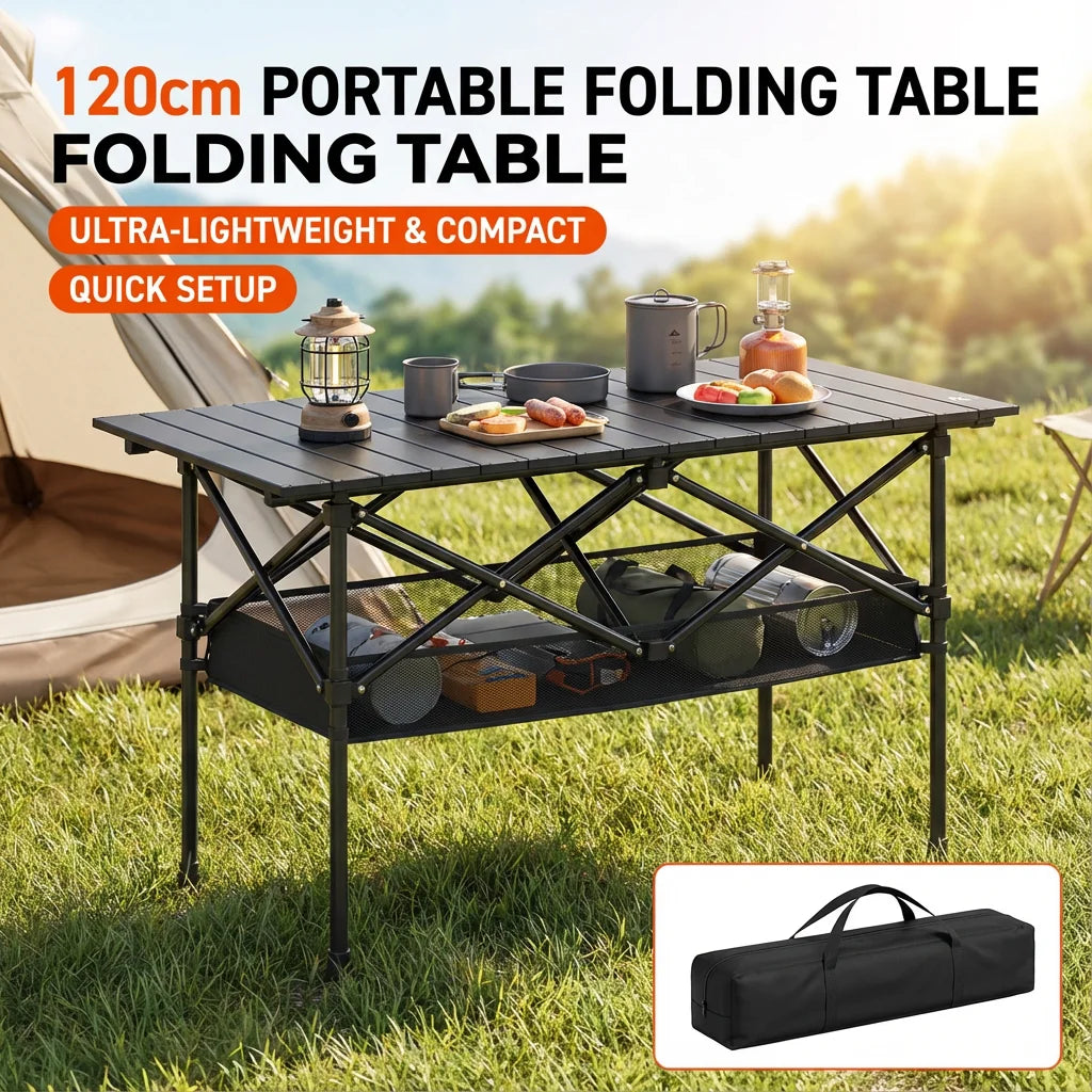 Portable Folding Outdoor Table, 95cm/120cm Lightweight Camping Table with Mesh Storage Shelf, Waterproof Scratch-Resistant Top, Carry Bag Included for Picnic, Beach & RV