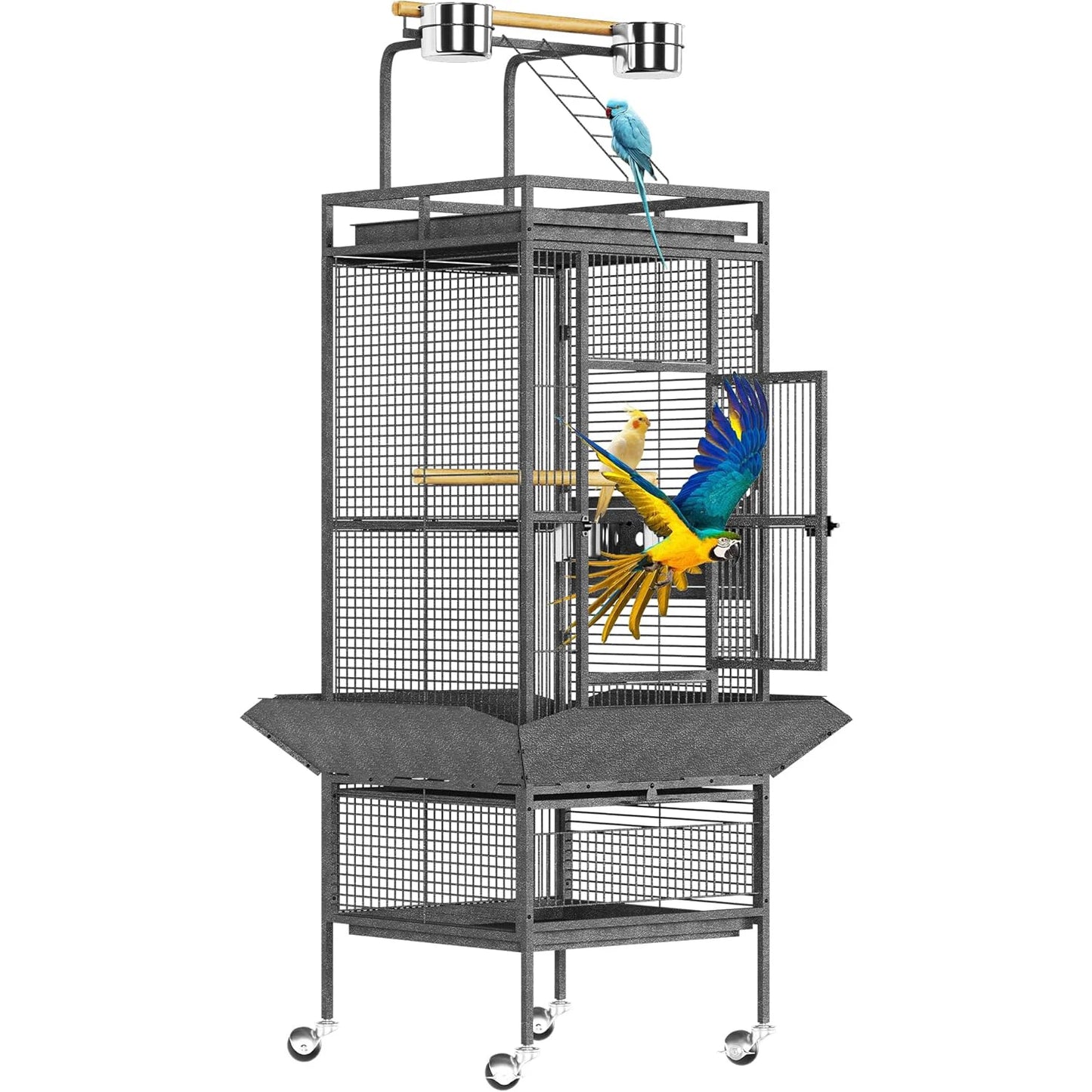 Large Bird Cage, Metal Parakeet Cage with Play Top, Wood Perches & Feeder, Spacious Rolling Flight Cage for Parrots, Cockatiels